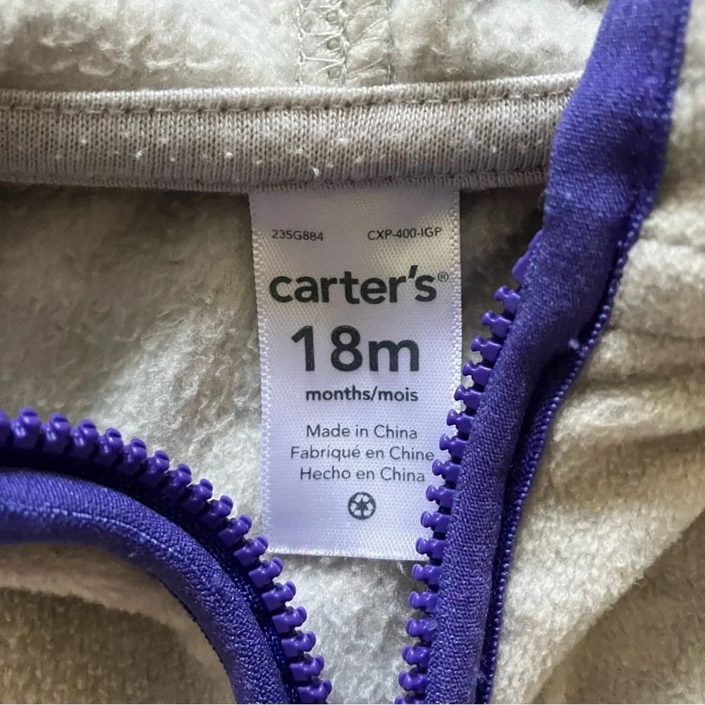 Carter's Gray and Purple Zip Up Fleece Hoodie